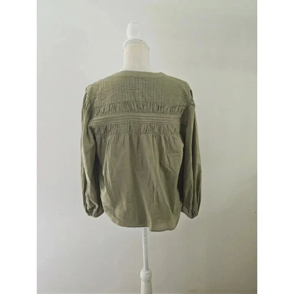 Cleobella River Pintuck Cotton Puff Sleeves Button Up Olive Green Blouse Top S - Picture 8 of 10